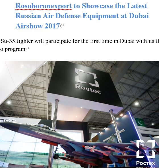 Read more about the article Rosoboronexport to Showcase the Latest Russian Air Defense Equipment at Dubai Airshow 2017