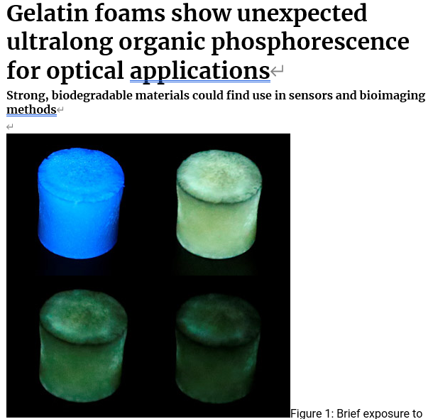 Read more about the article Gelatin foams show unexpected ultralong organic phosphorescence for optical applications