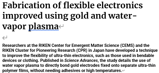 Read more about the article Fabrication of flexible electronics improved using gold and water-vapor plasma
