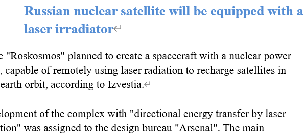 Read more about the article Russian nuclear satellite will be equipped with a laser irradiator