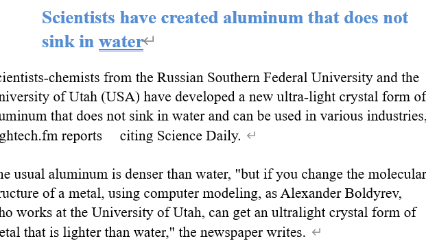 Read more about the article Scientists have created aluminum that does not sink in water
