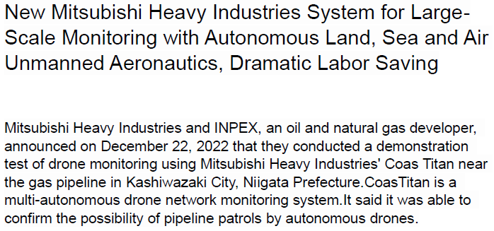 Read more about the article New Mitsubishi Heavy Industries System for Large-Scale Monitoring with Autonomous Land, Sea and Air Unmanned Aeronautics, Dramatic Labor Saving