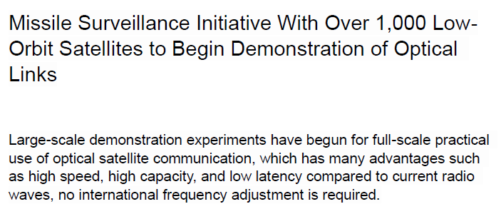 Read more about the article Missile Surveillance Initiative With Over 1,000 Low-Orbit Satellites to Begin Demonstration of Optical Links