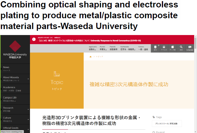 Read more about the article Combining optical shaping and electroless plating to produce metal/plastic composite material parts Waseda University