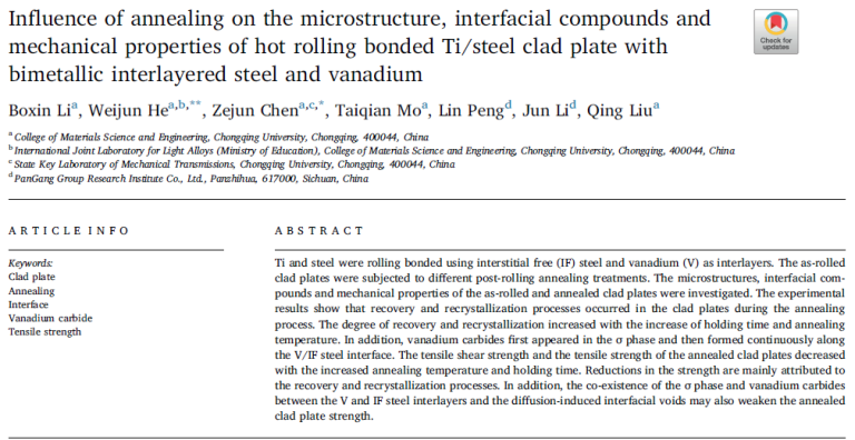 Read more about the article Influence of annealing on the microstructure, interfacial compounds and mechanical properties of hot rolling bonded Ti/steel clad plate with bimetallic interlayered steel and vanadium