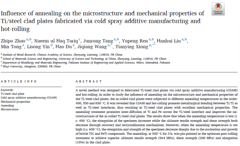 Read more about the article Influence of annealing on the microstructure and mechanical properties of Ti/steel clad plates fabricated via cold spray additive manufacturing and hot-rolling