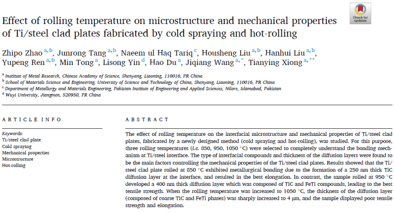 Read more about the article Effect of rolling temperature on microstructure and mechanical properties of Ti/steel clad plates fabricated by cold spraying and hot-rolling