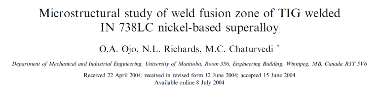 Read more about the article Microstructural study of weld fusion zone of TIG welded IN 738LC nickel-based superalloy