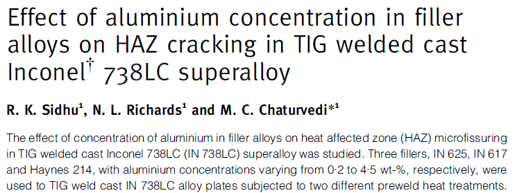 Read more about the article Effect of aluminium concentration in filler alloys on HAZ cracking in TIG welded cast Inconel 738LC superalloy