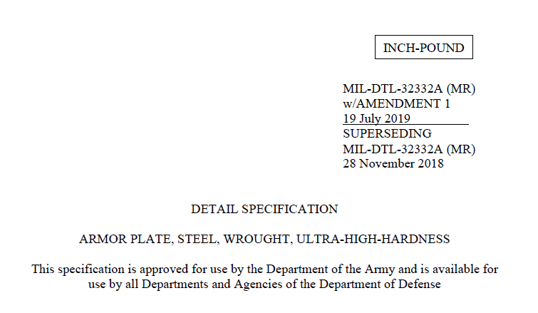 Read more about the article MIL-DTL-32332 ARMOR PLATE, STEEL, WROUGHT, ULTRA-HIGH-HARDNESS