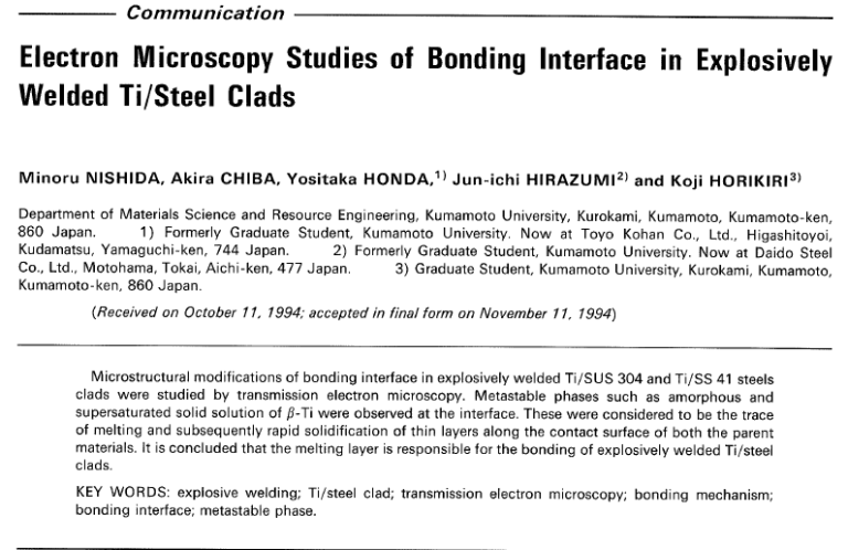 Read more about the article Electron Microscopy Studies of Bonding Interface in Explosively Welded Ti/Steel Clads