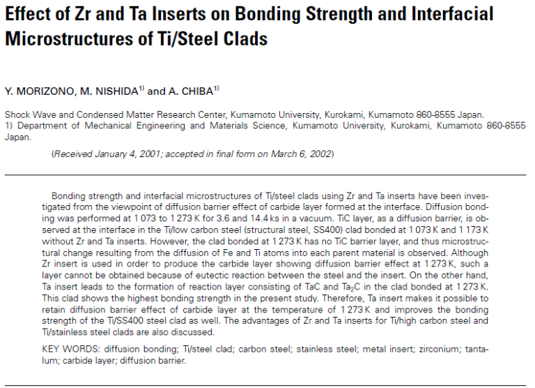 Read more about the article Effect of Zr and Ta Inserts on Bonding Strength and Interfacial Microstructures of Ti/Steel Clads