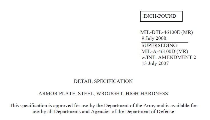 Read more about the article MIL-DTL-46100E ARMOR PLATE, STEEL, WROUGHT, HIGH-HARDNESS