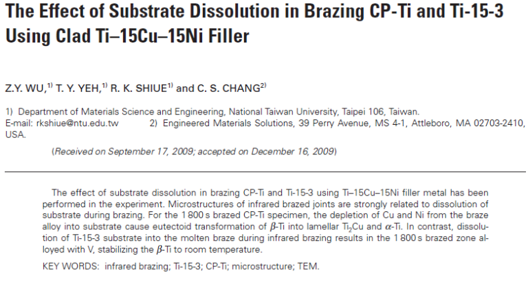 Read more about the article The Effect of Substrate Dissolution in Brazing CP-Ti and Ti-15-3 Using Clad Ti–15Cu–15Ni Filler