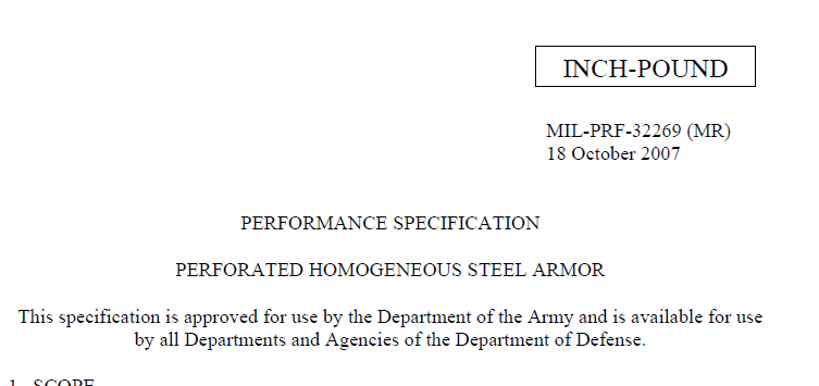 Read more about the article MIL-PRF-32269 PERFORATED HOMOGENEOUS STEEL ARMOR