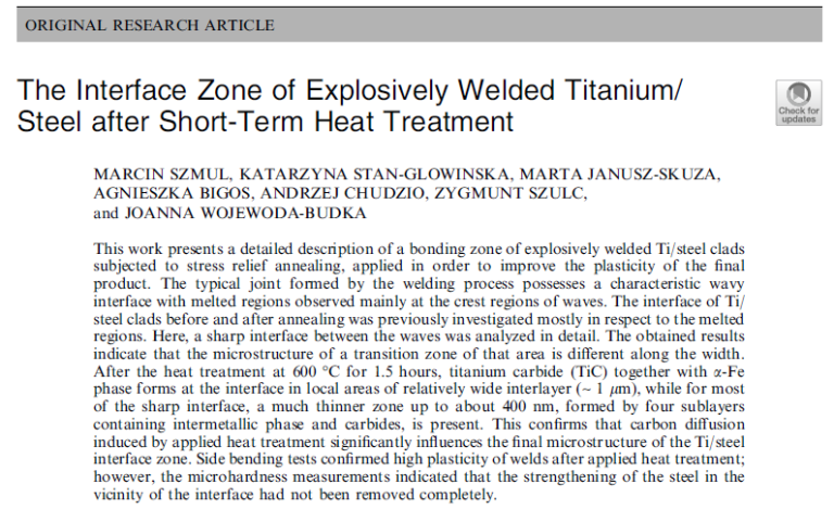 Read more about the article The Interface Zone of Explosively Welded Titanium-Steel after Short-Term Heat Treatment