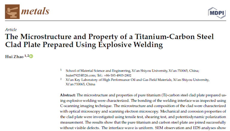 Read more about the article The Microstructure and Property of a Titanium-Carbon Steel Clad Plate Prepared Using Explosive Welding