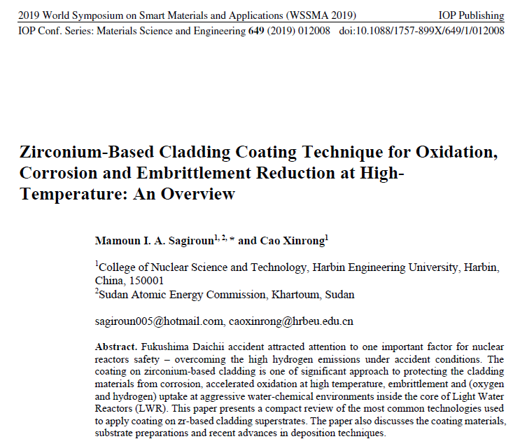 Read more about the article Zirconium-Based Cladding Coating Technique for Oxidation, Corrosion and Embrittlement Reduction at High-Temperature: An Overview