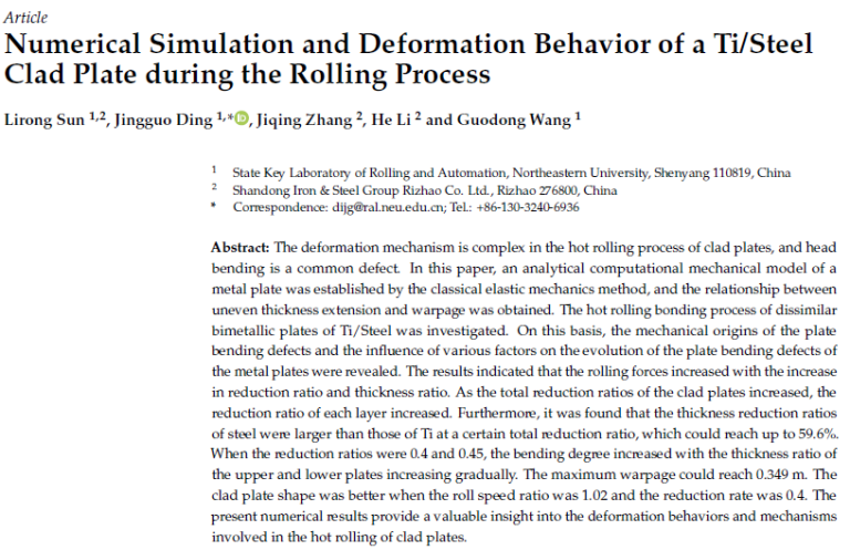 Read more about the article Numerical Simulation and Deformation Behavior of a Ti/Steel Clad Plate during the Rolling Process