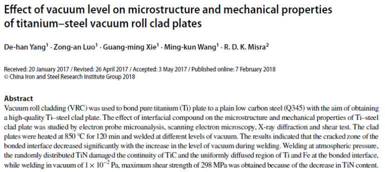 Read more about the article Effect of vacuum level on microstructure and mechanical properties of titanium–steel vacuum roll clad plates