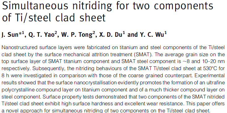 Read more about the article Simultaneous nitriding for two components of Ti/steel clad sheet