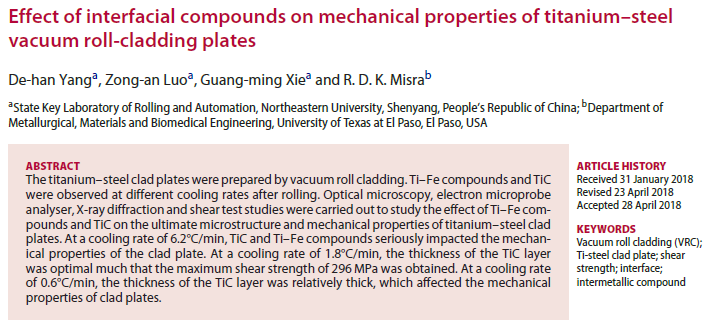 Read more about the article Effect of interfacial compounds on mechanical properties of titanium–steel vacuum roll-cladding plates