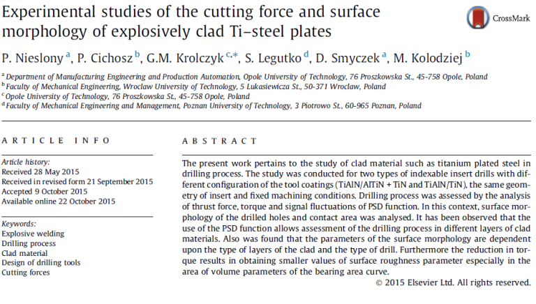 Read more about the article Experimental studies of the cutting force and surface morphology of explosively clad Ti–steel plates