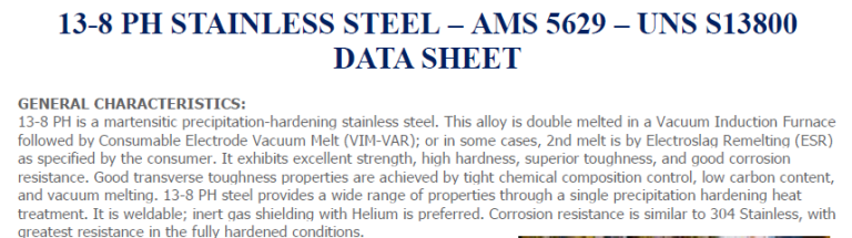 Read more about the article 13-8 PH STAINLESS STEEL – AMS 5629 – UNS S13800 DATA SHEET