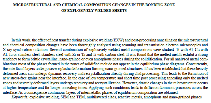 Read more about the article MICROSTRUCTURAL AND CHEMICAL COMPOSITION CHANGES IN THE BONDING ZONE OF EXPLOSIVELY WELDED SHEETS