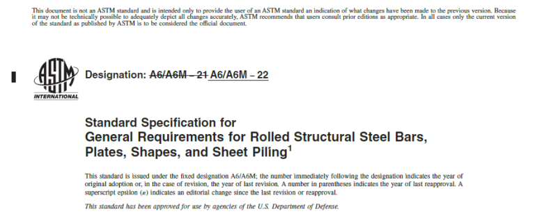 Read more about the article ASTM-A6-A6M-22 Standard Specification for General Requirements for Rolled Structural Steel Bars, Plates, Shapes, and Sheet Piling
