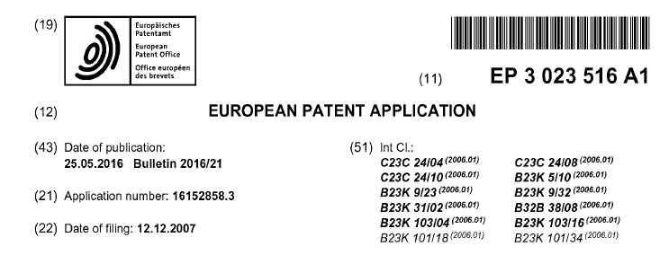 Read more about the article EUROPEAN PATENT APPLICATION METHOD OF JOINING TANTALUM CLAD STEEL STRUCTURES