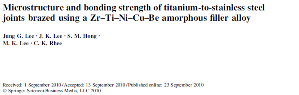 Microstructure and bonding strength of titanium-to-stainless steel joints brazed using a Zr–Ti–Ni–Cu–Be amorphous filler alloy