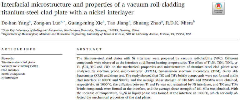 Read more about the article Interfacial microstructure and properties of a vacuum roll-cladding titanium-steel clad plate with a nickel interlayer