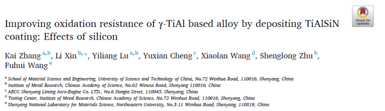 Read more about the article Improving oxidation resistance of γ-TiAl based alloy by depositing TiAlSiN coating Effects of silicon