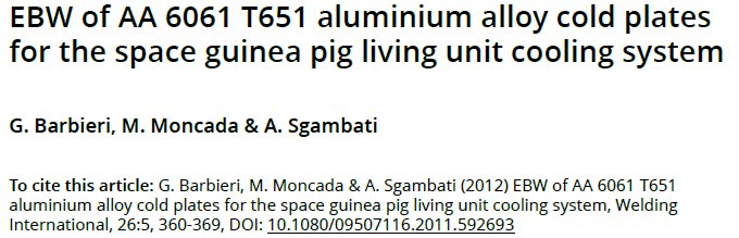 Read more about the article EBW of AA 6061 T651 aluminium alloy cold plates for the space guinea pig living unit cooling system