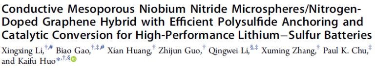 Read more about the article Conductive Mesoporous Niobium Nitride Microspheres_Nitrogen-Doped Graphene Hybrid with Efficient Polysulfide Anchoring and Catalytic Conversion for High-Performance Lithium−Sulfur Batteries