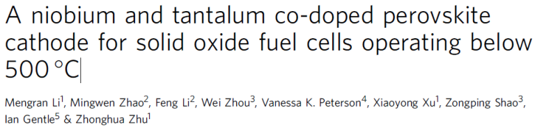 Read more about the article A niobium and tantalum co-doped perovskite cathode for solid oxide fuel cells operating below 500 ℃