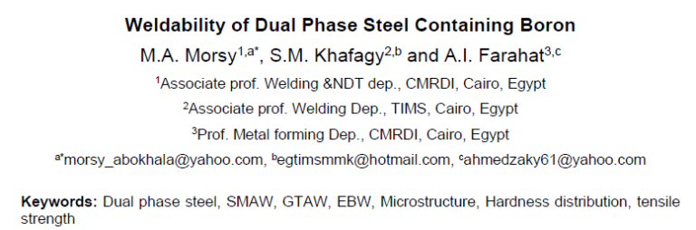 Read more about the article Weldability of Dual Phase Steel Containing Boron