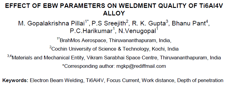 Read more about the article EFFECT OF EBW PARAMETERS ON WELDMENT QUALITY OF Ti6Al4V ALLOY