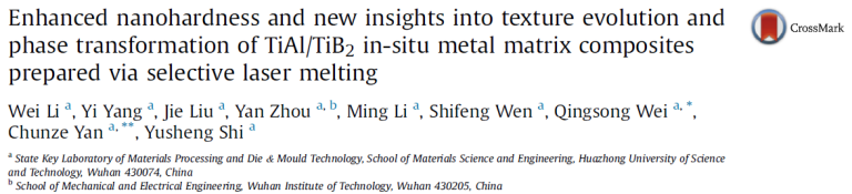 Read more about the article Enhanced nanohardness and new insights into texture evolution and phase transformation of TiAl_TiB2 in-situ metal matrix composites prepared via selective laser melting