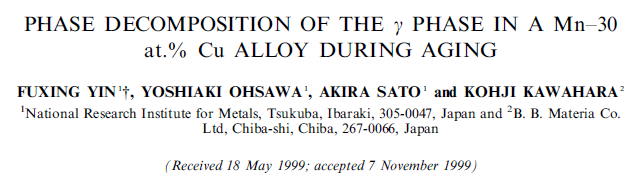 Read more about the article PHASE DECOMPOSITION OF THE y PHASE IN A Mn-30 at.% Cu ALLOY DURING AGING