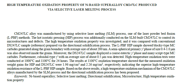 Read more about the article AMM-High Temperature Oxidation Property of Ni Based Superalloy CM247LC Produced Via Selective Laser Melting Process