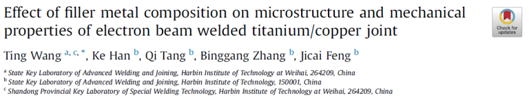 Read more about the article Effect of filler metal composition on microstructure and mechanical properties of electron beam welded titanium-copper joint
