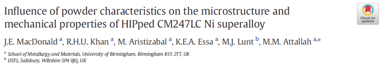 Read more about the article Influence of powder characteristics on the microstructure and mechanical properties of HIPped CM247LC Ni superalloy