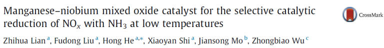 Read more about the article Manganese–niobium mixed oxide catalyst for the selective catalytic reduction of NOx with NH3 at low temperatures