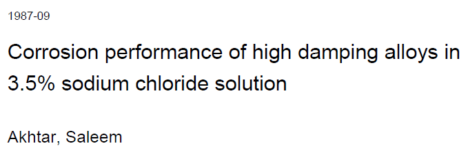 Read more about the article Corrosion performance of high damping alloys in 3.5% sodium chloride solution