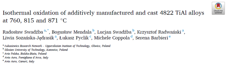 Read more about the article Isothermal oxidation of additively manufactured and cast 4822 TiAl alloys at 760, 815 and 871℃