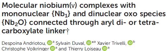 Read more about the article Molecular niobium(V) complexes with mononuclear {Nb₁} and dinuclear oxo species {Nb₂O} connected through aryl di- or tetra-carboxylate linker