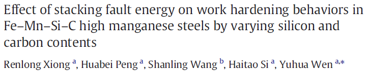Read more about the article Effect of stacking fault energy on work hardening behaviors in Fe–Mn–Si–C high manganese steels by varying silicon and carbon contents