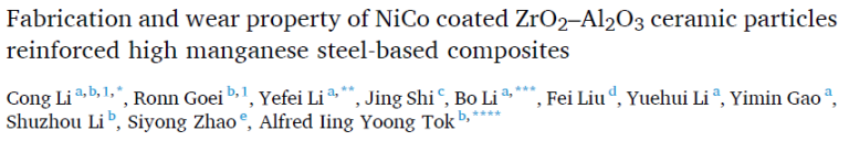 Read more about the article Fabrication and wear property of NiCo coated ZrO2–Al2O3 ceramic particles reinforced high manganese steel-based composites